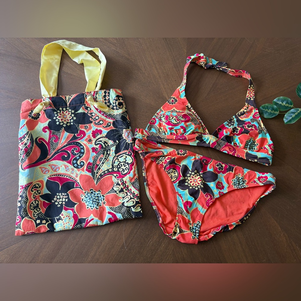 Old Navy Red Floral Paisley Bikini Set with Matching Tote